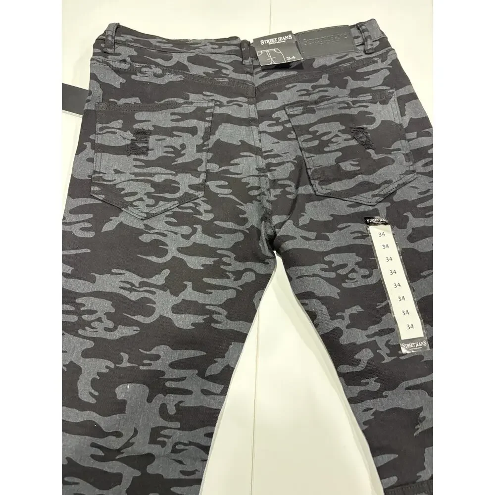 Street Jeans Men's Skinny Fit Camo Distressed Jeans Balck/Gray